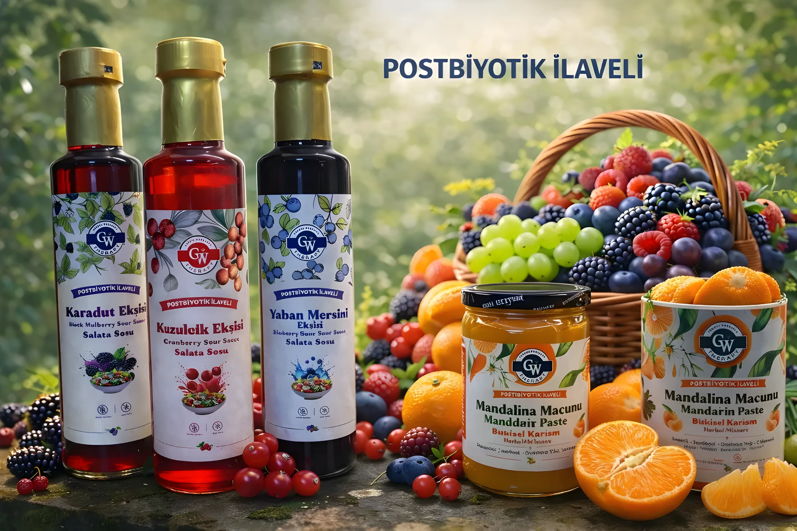 GW Therapy postbiyotik ilaveli ekşi ve macun ürün ailesi, taze meyvelerle birlikte