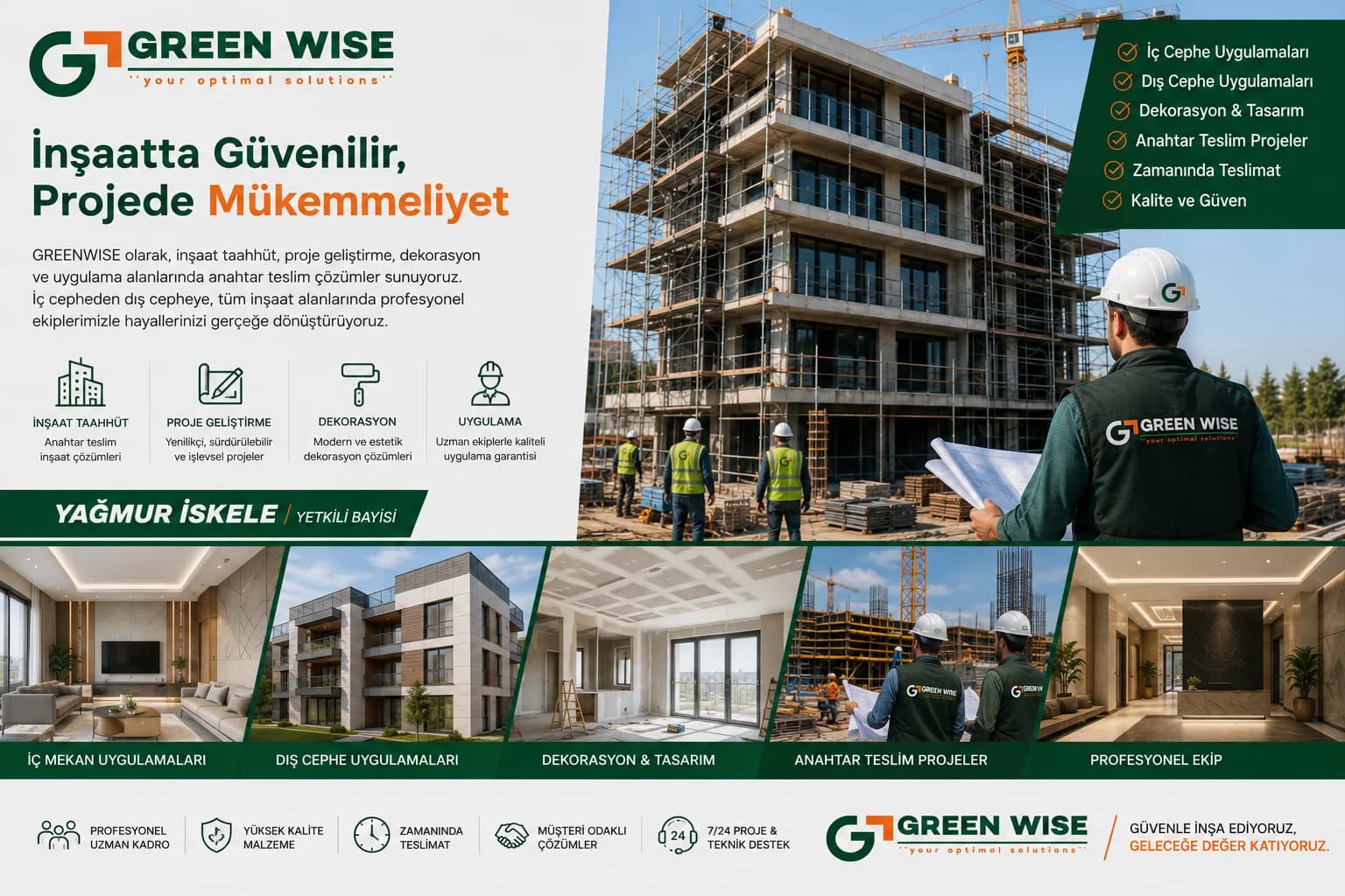 Green Wise construction poster: a scaffolded building, the site team and project examples