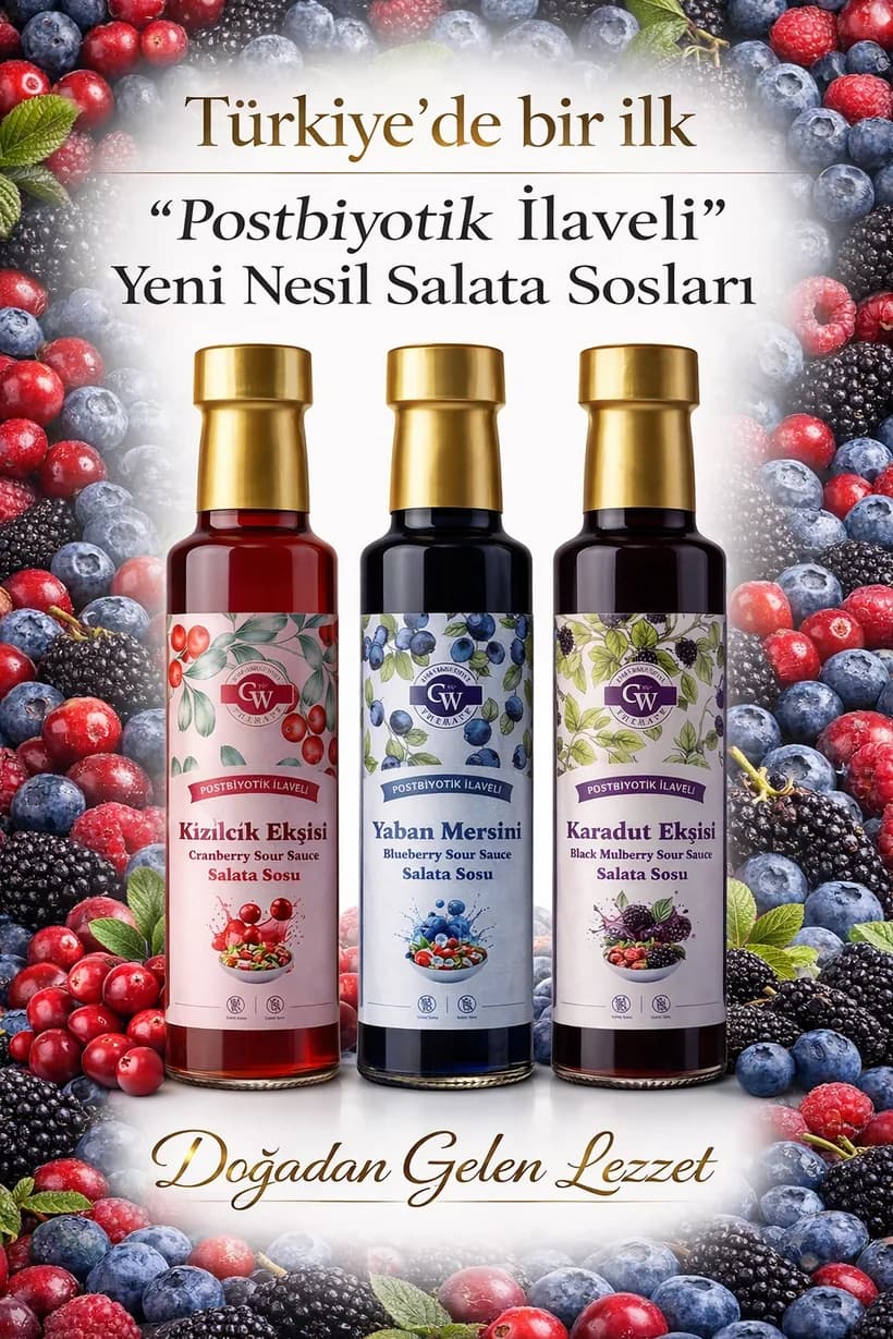 GW Therapy postbiotic-enriched cranberry, blueberry and black mulberry sour sauce bottles