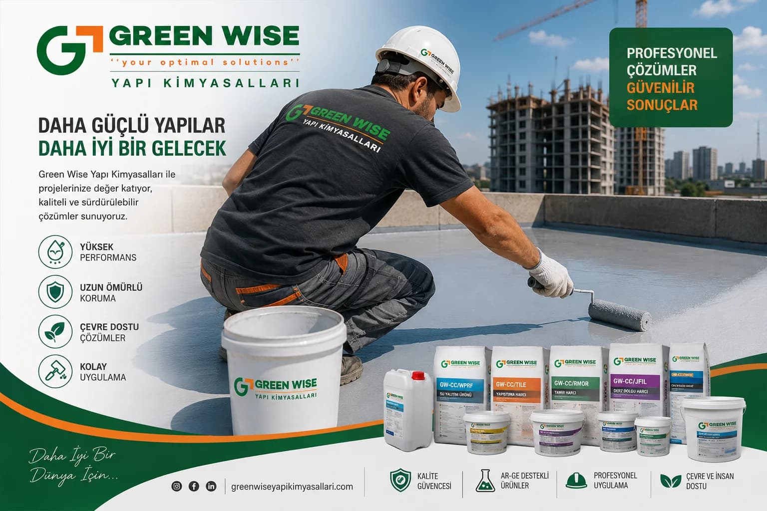 Green Wise Construction Chemicals poster: an applicator waterproofing a roof, with product packs